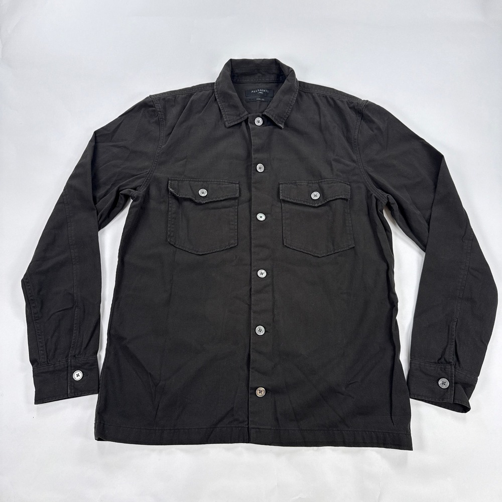 AllSaints Mens Shirt Large Black Aerial Long Sleeve Slim Fit Button Up Shacket